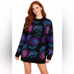 Vintage 80s Sparkly Floral Sweater Black Purple Teal Oversized Retro Cozy